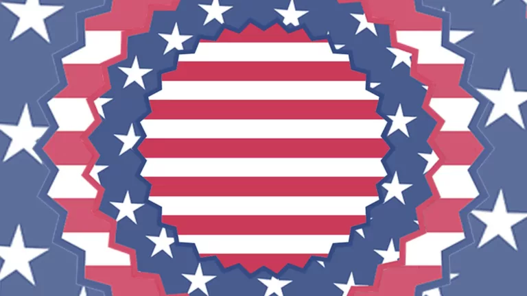 The circle is filled with 13 red and white stripes with a blue jagged edge site in the center of the image. Behind it is a fainter, but larger, circle of the same shape. This time filled with white stars on a blue background with a red edge. Next the center circle is repeated behind the blue stars, but even more faint. Lastly the edges of the image has large white stars and a faint blue background again.