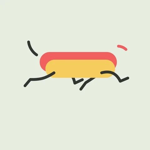 A light red oval hot dog in a gold oval bun has four black stick legs and a tail making what appears to be an animal walking and bouncing along, possibly a dog. A small light red line floats above the hot dog and may be a tongue. The background is a pale, pastel green color.