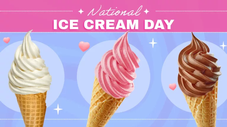 Three waffle cones with soft served icecream come up from the bottom edge and span the width of the graphic. The ice cream flavors and colors appear to be vanilla, strawberry, and chocolate. The background is mostly a light, lavender purple color. Along the top edge, and above the icecream, is a bright pink color. Behind each cone is a transparent white circle. Floating around the ice cream are small light pink hearts and white four pointed stars. At the top center edge, inside the pink, is the word ‘national’ in a thin, white, script font. A small four pointed star sits on either side of the word. Then a thin, horizontal, white dashed line extends from either the edge of the graphic to the stars. The same horizontal dashed line also crosses the bottom of the graphic behind the ice cream cones. Below the word ‘national,’ and still in the pink, says ‘ICE CREAM DAY’ in bold, white, sans letters.