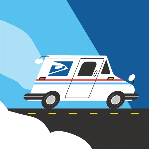 A drawing of a white U.S. Postal Service van appears to be driving along a blacktop road with yellow dashed center lines showing the van moving forward. A cloud of solid white is in the bottom left corner of the gif. Behind the van are stripes of light blue, cyan, and navy colors creating the sky. Pink hearts and white envelopes float out from the back to the van. Above the band the words, ‘SENDING LOVE’ repeatedly appear and disappear. A bold, white sans font was used for the words.