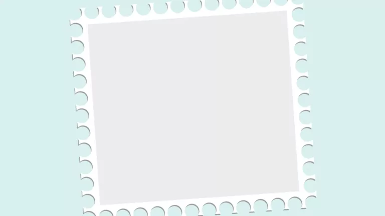 A shape of a white mail stamp fills the center of the image. There is nothing on the stamp, instead the center is an empty light gray rectangle. The stamp has a small black shadow. The background is pastel blue.