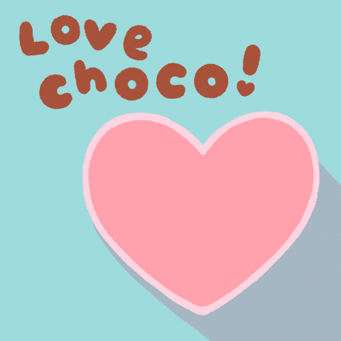 A pink heart shape creates a box in the bottom right corner. The box sits on a light blue/green background. Above the box are bouncing brown, round, cut out sans letters that say, “LOVE CHOCO!” The dot for the exclamation point is a heart shape. Ten pieces of chocolate candies drop into the box. The chocolate disappears and then the gif starts over.