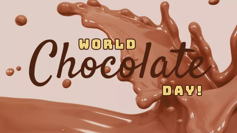 An AI generated image of melted chocolate syrup flows along the bottom edge and splashes up the right side filling the graphics background. Behind the chocolate is a pale, light brown color. On top of the AI chocolate are three words. In the center is the largest word that almost fills the entire width of the graphic. It says, "Chocolate" in brown cursive letters. Slightly above the center word is small yellow, sans letters between the H and L of chocolate. These letters spell: WORLD. In the same small yellow letters is the word: DAY!. Day is below A, T, E of the word chocolate.