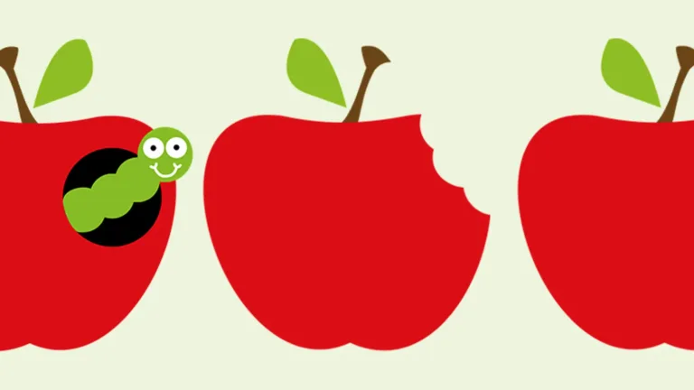 A pale green background with three red clipart apples horizontally across the center. The left and right apples are partially cut off the edges. All the apples are bright red, with a brown stem and a light green leaf. The left apple has a black circle hole in it. A light green worm made out of bright green circles sticks out of the hole. The worm has two big white eyes with black pupils and its mouth is a smiling thin white line. The right apple is entirely whole. The center apple has a bite taken out of its top right side.