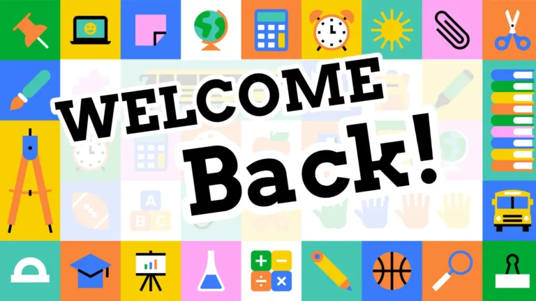 Green, blue, white, yellow, orange, teal, and pink squares create a checkerboard pattern filling the graphic. Inside each square is an icon of something related to school, such as sports equipment, books, stationary, clocks, calculators, globes and more. In the center is a transparent white rectangle overlapping the colorful squares. Tilted inside the white rectangle reads, ‘WELCOME BACK!’ in bold, black, serif letters with a white outline.