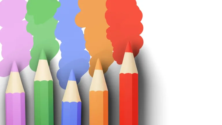 White background with five colored pencils poking up from the bottom left corner and into the center of the graphic. Above each pencil is a splochy line of its color vertically up to the top edge. The colors from left to right are pink, green, blue, orange, and red.