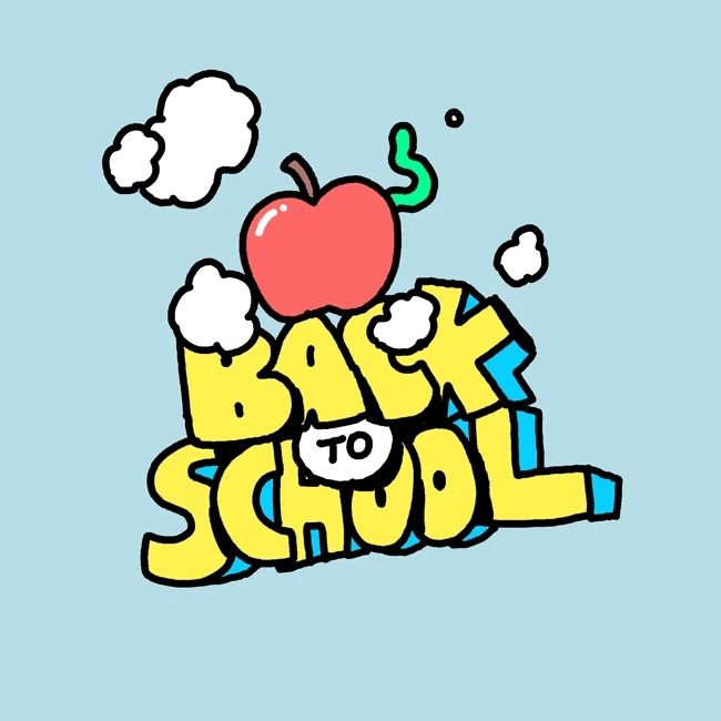 A pale dusty blue background with the bubble words ‘back’ and ‘school’ stacked on top of each other in the center. The words are yellow, with a cyan drop shadow and black outline. A small white circle is in between ‘back’ and ‘school’. Inside the circle is the word ‘to’ in thin black sans letters. Above the words is a drawing of a red apple with a small green worm sticking out if it’s top right side and moving slightly left to right. The apple then disappears in a poof of white clouds. When the clouds disappear a cyan laptop has replaced the apple. On the laptop’s white screen is an image of the apple with the worm still moving. A puff of clouds appears again. And then the apple, not on the laptop, reappears.