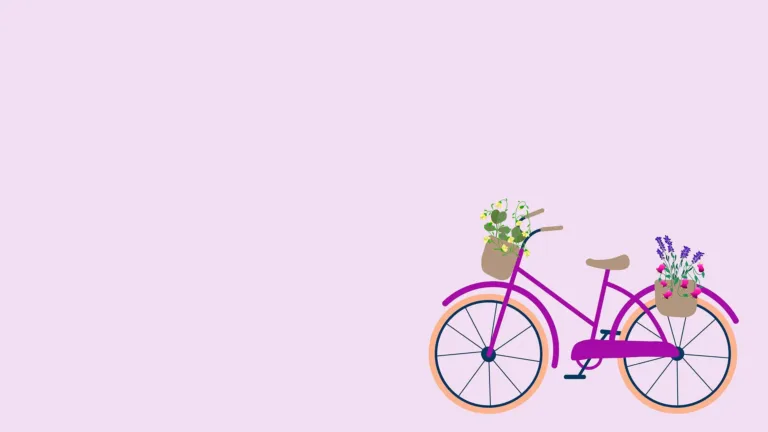 A solid lavender background with a clipart drawing of a bright purple bicycle in the bottom right corner. The bike has pink wheels and baskets in front of its handle bars and above its back wheel. The front basket holds little yellow flowers. The basket adobe the back wheel holds hot pink and purple flowers.