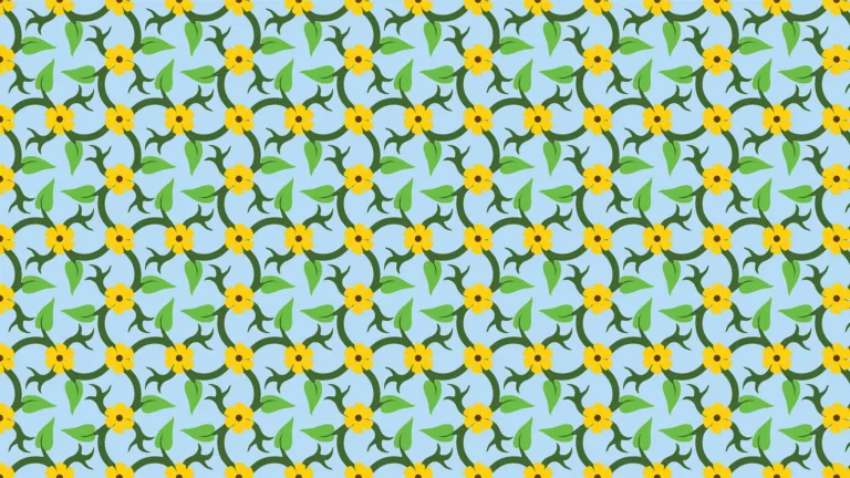 A pattern of small yellow flowers in rows fills the graphic. Wavy dark green lines connect all each flower to it’s neighbors creating a check pattern. Small bright green leaves are on the vines. The background is bright, light blue.