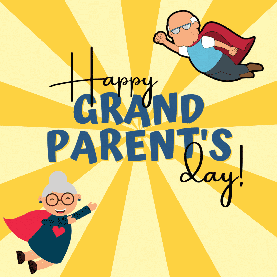 A sunny radial background of gold and light yellow rays slightly shifts from a brighter saturation to a paler one. Words stacked in the center reads, “Happy Grand Parent’s day!” Happy and day! use a think black cursive font. Grand and Parent’s use a bold, dusty blue, sans font. The words don’t move. In the top left corner is a flying superman grandpa wearing a red cap, navy trousers, brown shoes, and a light blue vest over a white t-shirt. In the bottom left corner is a grandma wearing a red cap, navy dress with a heart in its chest, and black shoes.