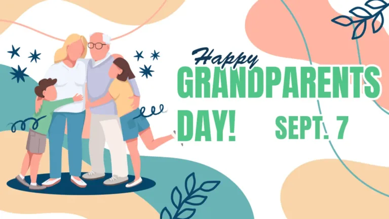 Pink, peach, and teal splotches of colors spot the background leaving the center mostly white. Wavy teal and pink lines also cross the background. Drawings of leafy branches stick out from the top right corner and the bottom center edge. On the left side are clipart figures of two grandparents standing next to each other with a grandchild on either side. From left to right the grandson is wearing gray shorts and a light green long sleeved shirt. Next the grandma is wearing jeans and a white shirt. The Grandpa is wearing light gray pants and a darker blue-gray v-necked sweater. Lastly the granddaughter wears jean shorts and a yellow t-shirt. Left aligned on the right is the words Grandparents Day! The words are in a bold, all-caps, bright green sans font with a white outline. In smaller letters to the right of ‘day!’ is the date ‘SEPT. 7.’ Sitting on top of ‘grandparents’ in small, cursive, navy letters is the word ‘happy.’ Navy looped lines and stars are are drawn around the people.