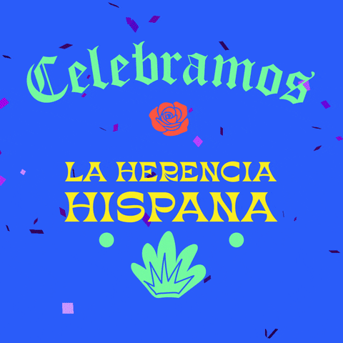 A bright indigo blue background with confetti falling down. Arched across the top, in a bright green blackletter font, says ‘Celebramos.’ A red rose icon sits centered below Celebramos. Two branches of leaves grow out of its sides, and then disappear. The top branches are yellow with red dots on their ends. The bottom branches are cyan. Below the rose is more words. ‘La Herencia’ is stacked on top of the word, ‘Hispana.’ The words are yellow and use a bold, western, sans font. Centered below the yellow words is a shape of five spiked plant in the same bright green as Celebramos. There is a bright green circle below the letters ‘i’ and ‘n’ in Hispana. A small yellow branch grows from either side of the plant. Two branches grow out of each of the circles and their top ones wrap around ‘la Hispana.’ The top branches are bright magenta, and the bottoms are cyan with magenta dots.