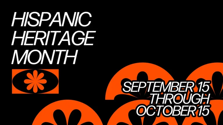 A solid black background with ‘Hispanic Heritage Month’ stacked near the top left corner. The words are in a large, white, all-caps, italic sans font. Below the words is a small orange rectangle with a black oval cut out its center. Inside the oval is an orange, eight petal flower icon. Along the bottom edge are three large orange half circles coming from the right corner. Most of the right most circle is cut off, and the left most one does not reach the left corner. Stacked on top of the circles are two more half circles above the right and middle ones. Inside all the orange half circles are half of the eight petal flower icons in black. On top of them is the text, ‘September 15 through October 15. These words are right aligned, but use a slightly smaller size of the same white italic font. These words have a black outline.