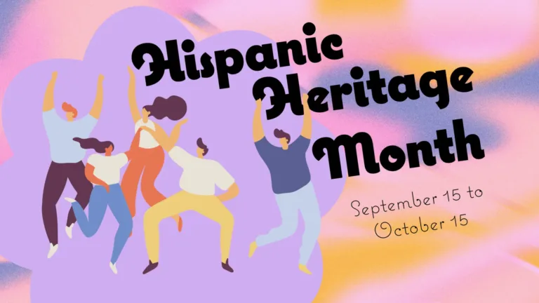 A blurred light pink, hot pink, orange, and purple gradient background. A large lavender flower shape covers the left side. Inside the flower are digital drawings of five dancing people. Titled above and around the right of them are the stacked words, ‘Hispanic Heritage Month.’ The words are in a bold, rounded font. Below, in a small, thin version of the black font, says, “September 15 to October 15.’