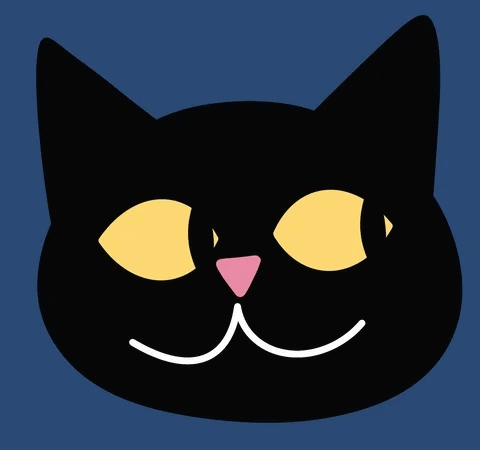 A large black, cat head shape fills the gif against a dark navy background. The cat head has a pink triangle nose, and muted gold eyes. Its black, thin rhimbus pupils move left to right. The cat’s mouth is drawn on with a white line. The line widens into a thick solid white smiling shape. Inside the mouth reads ‘caturday; in bode, sans, rounded, handwritten letters.