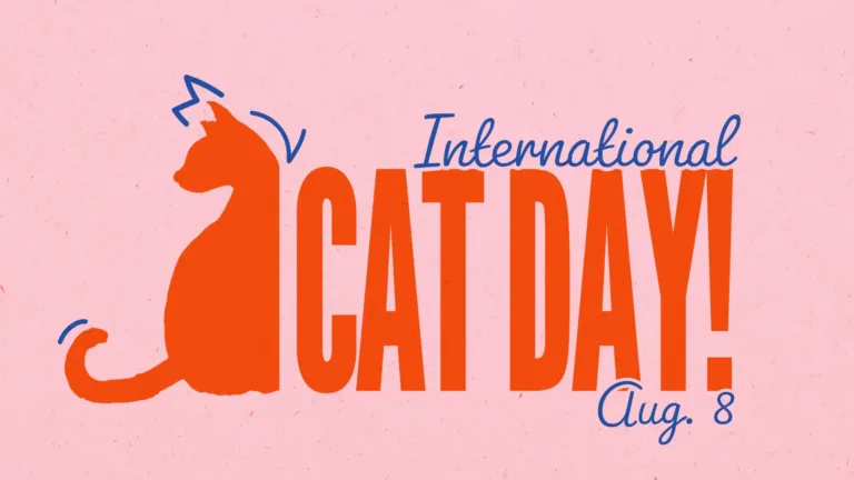 A large, orange silhouette of a sitting cat is near on the left side of the graphic. Small, thick blue motion lines are next to the cat’s ears, neck and tip of its tail. Next to the cat are large words, about the same size as it, reading ‘CAT DAY!’ In condensed, all-caps, orange, bold, sans letters. Right aligned above Cat Day says ‘International’ in smaller, thin, blue cursive letters. Right aligned below Cat Day in the same cursive font is the date Aug. 8. The background is solid pink.
