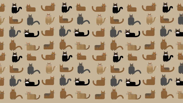 A tan background covered eight horizontal lines of cats creating a pattern. The cats are light brown, brown, gray, or a black tuxedo color. Some are sitting down on their buts and facing forward, and some cats are fully laying down loaf style, so their legs can’t be seen. All the cats have bright gold eyes.