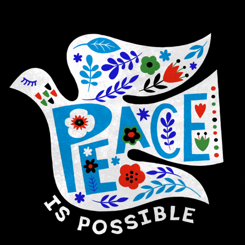 A solid black background with the silhouette of a dove filling the center. The dove faces to the left and is slightly moving its tail and wings up and down. The silhouette is mostly white with a slight transparency to a black and white tree line photo behind it giving the bird some texture. Filling the silhouette are drawing of royal and bright blue leaves, red and green flowers, and red and green dots. The closed eye of the dove is drawn in royal blue lines with eyelashes. Across the center is the word ‘PEACE’ in bold, cut out shaped, all-caps, light blue sans letters. Below the silhouette are the words, ‘IS POSSIBLE’ in the same white as the dove, and similar cut out letters as peace.