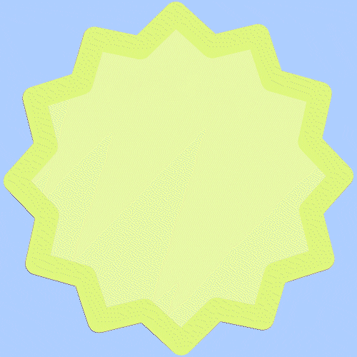 A pale, light blue background. A lime, light green circle with jagged edges rotates clock-wise in the center. The jagged edges are a slightly darker lime green border. As the circle rotates black line drawing of a dog is jumping up from the bottom of the gif, but inside the circle. The dog is entirely filled in with white. The dog disappears when it goes back down.