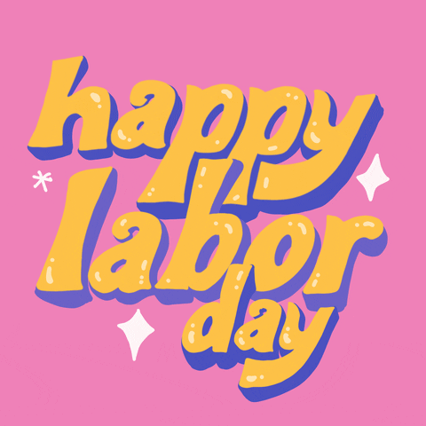 A muted, pink background with the words ‘happy labor day’ stacked it the center. The words are gold with a thick purple drop shadow. Small white, rounded lines create highlights on the letters. A bold, cut out, sans shaped font was used. Three rhombus stars blink from solid to outlines round the words.