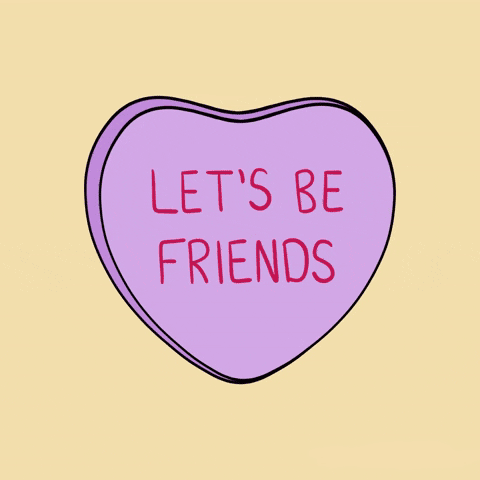 A pale beige background with a drawing of a purple candy heart in the center. The words ‘Let’s be Friends’ shakes in the middle of the heart. A thin, red, handwritten, sans font was used for the sentence.