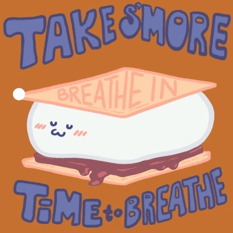 A drawing of a smore sits in the center. The marshmallow has a small, sleeping face drawn onto it in black lines and three pink lines to make blush on either side. The marshmallow rises up and down in size as if it is breathing in and out. On the top graham cracker is the word ‘hold’ when the marshmallow is at its smallest and largest. When the marshmallow is growing in size, the top of the cracker reads, ‘Breath In’. When it’s shrinking the cracker says, ‘Breath Out.’ Above the smore says ‘Take Smore’, and below it says, ‘Time to Breathe.’ The top and bottom words are dusty blue with a darker blue outline, and in a bold sans font. All on a lighter brown background.
