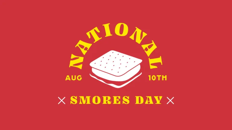 A solid red background with a white icon of a smore in the center. Arching over the icon is the word ‘National’ in bold, gold, all-caps, serif letters. Below the N and the L of the arched world art small gold sans letters. Below the N is ‘AUG.’ Below the L is ‘10th.’ Along the bottom says ‘Smores Day’ in a smaller size, but the same gold serif font as National. On either side of Smores day is a thin, white X.