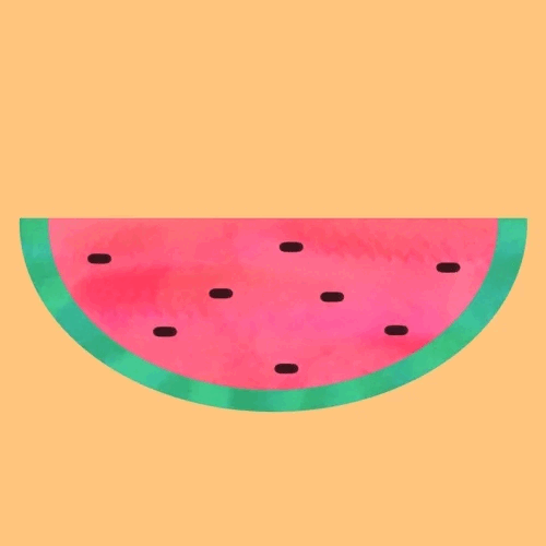 A light orange background with a drawing of a half circle slice of pink watermelon in the center. Six bits are taken into the melon until it’s all gone and only the rind is left. The word ‘YUM’ appears behind the watermelon once it’s all gone. YUM is spelled out in white handwritten letters.