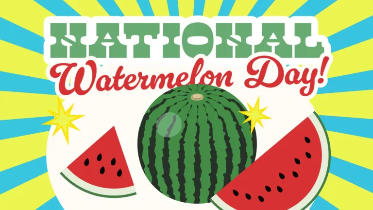 A radial sun burst background with alternating neon yellow and bright blue rays. In the center of the image is a white oval with bubble letters at its top saying, NATIONAL Watermelon Day! National is in a green western serif font stacked on top of ‘Watermelon Day!,’ which is in an italic red cursive font. Below the words is a clipart style image of watermelon and two yellow eight pointed stars on either side of them. There is a whole watermelon in the center, a half, semi-circle slice to the right, and a triangle slice to the left.