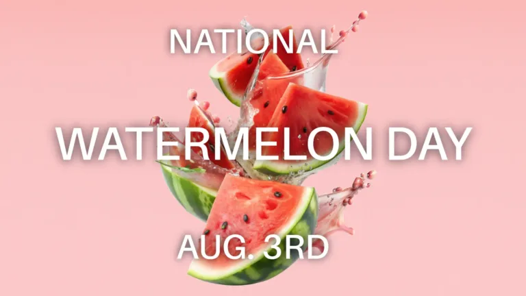 A light pink background with slices of AI generated watermelon slices fall down in the center. The watermelon also has water splashing around them. Over top the melon are the words ‘National Watermelon Day AUG. 3rd.’ A thin, all-caps, white sans font, with a faint black drop shadow, was used for all the words. ‘National’ and the date are smaller in size and are along the top end bottom edges. ‘Watermelon Day’ is large and across the center of the image.