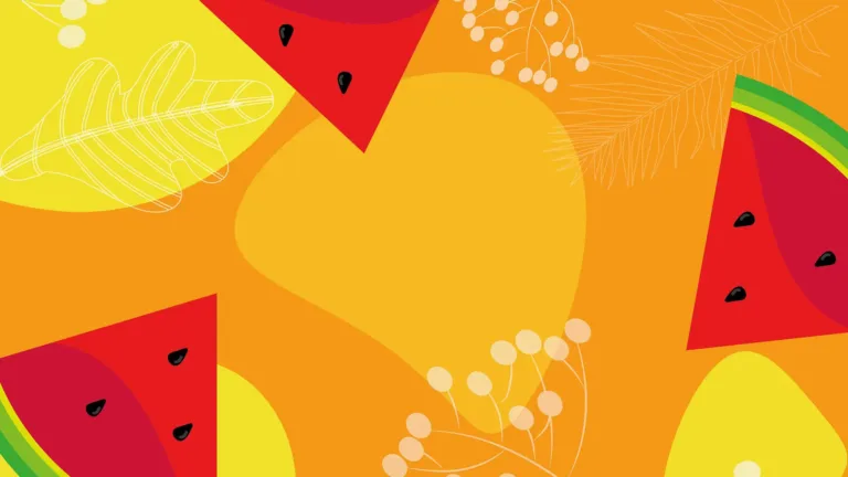Three drawings of bright red triangle slices of watermelon, light yellow blobs of color, transparent white botanical line drawings, and one gold blob fill the image. The watermelon slices are in the bottom left corner, right side, and top edge. All on a bright orange background.