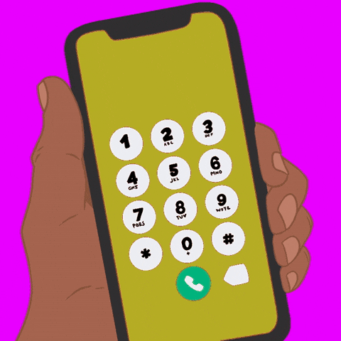 A left hand holds a phone showing a dial screen and a goldenrod colored wallpaper. The right hand appears and dials the numbers 988. Both hands slide off the gifs edges, and the words ‘Dial 988 for mental health support’ slides into the gif from the right side. The words are written in a cold, sans, all-caps font. The background is magenta.