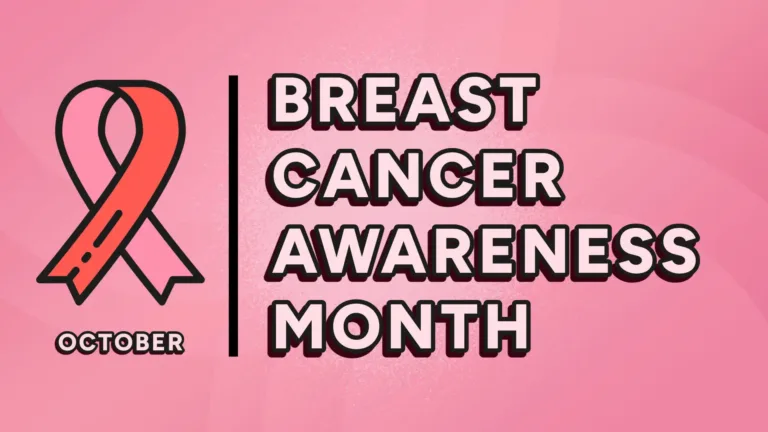A soft pink gradient background. On the left of the image is a large, stylized pink ribbon outlined in black. To the right of the ribbon is bold, three-dimensional text that reads "BREAST CANCER AWARENESS MONTH" in black and light pink sans letters with a drop shadow effect. Beneath the ribbon, the word "OCTOBER" in the same font, but much smaller in size. A vertical black line separates the ribbon from the words.