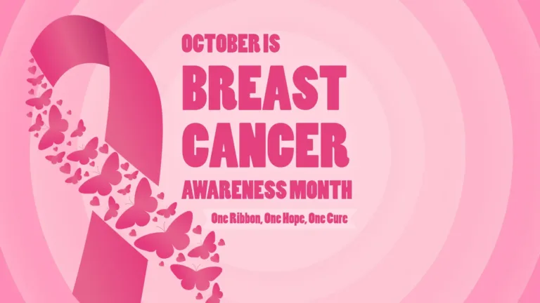 The background is filled with circles stacked on top of each other. The circles are in shades of pink that get lighter in shade as they move into the center. On the left is a stylized hot pink commemorative ribbon. The ribbon starts out as a solid color on its right side, but as it loops around the left side of it turn into hot pink butterfly silhouettes. Stacked text in the center of the graphic reads, “OCTOBER IS BREAST CANCER AWARENESS MONTH. ‘Breast Cancer’ is in the largest letters with the rest being a smaller size. Below in even smaller letters is ‘One Ribbon, One Hope, One Cure. All the letters use a hot pink, bold, sans font.