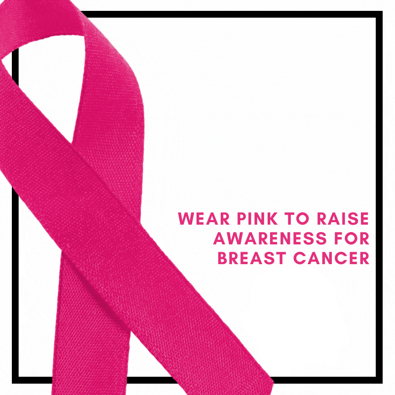A white background. An inset black line border around all the edges. A large commemorative, hot pink ribbon fills on the left side of the gif. The large letters of the words ‘PINK OUT’ fall straight down, then fade away. They use a bold, hot pink, sans font and has a faded gray drop shadow. In smaller, thin, sans, letters below is the sentence: Wear pink to raise awareness for breast cancer.’ The sentence doesn’t move.