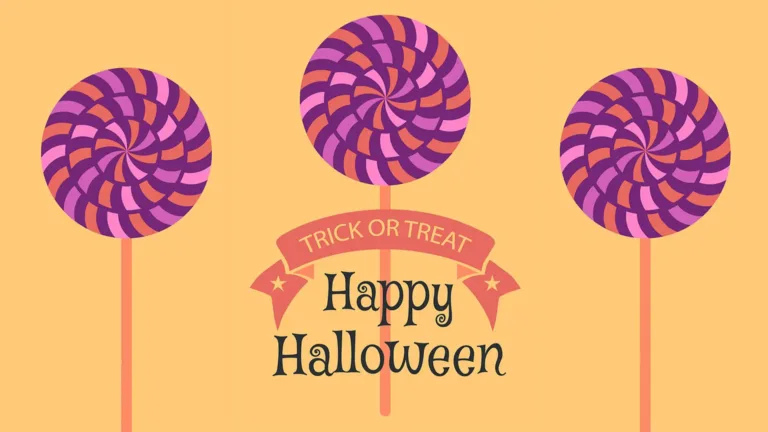 A bright golden colored background with three purple and pink striped circle lolli-pops staggered across the top of the graphic. The candies each have thin orange sticks that are vertically straight down. Above the center lolli-pop’s stick is the message ‘Happy Halloween’ in spooky, thin,black, serif lettering. Above the two stacked words is a small orange ribbon. Inside the ribbon says, “Trick or Treat” in gold sans letters.