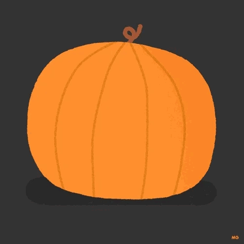 An illustration of a round, orange, pumpkin spins around a reveals it’s has a puppy face and paws on the other side. The dog ears and nose are brown like the stem and its eyes are big white circles with black pupils. The dog exhales a few times and then turns back around to look just like a normal pumpkin again. The background is solid black.