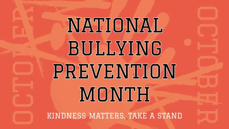 An orange background dashed with lines and splotches of a lighter orange color giving it a grungy look. A light orange hand print appears to be filling the center of the graphic. The month October is vertically stacked on the left and right sides. It uses a light orange, octagonal, all-caps serif font. Stacked in the center of the graphic are the following words: National, Bullying, Prevention, Month. They are in the same font as October, but are black with a thin white outline. Along the bottom of the graphic is, “KINDNESS MATTERS, TAKE A STAND.” The same font was used here too, but small and white.