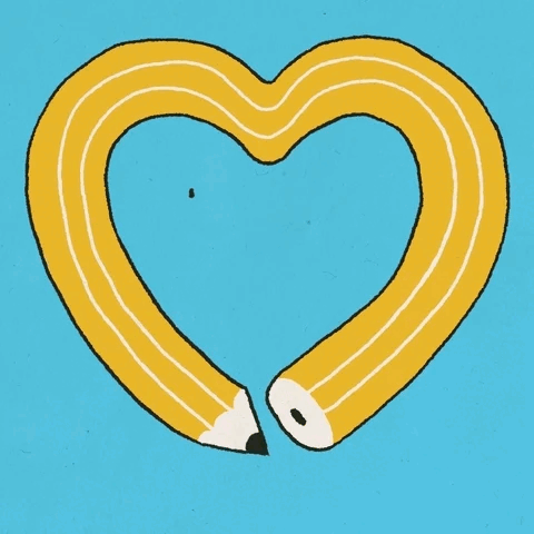 A bright solid blue background with a heart floating in the center. The heart is drawn to be a bent yellow wooden pencil. In the center of the gif the words ‘Bully Free Zone” appear as if they are being written in black pencil against the blue background. The words then disappear as if they are being erased.