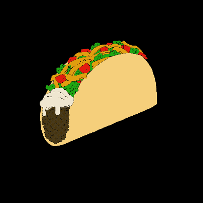 An illustration of a hard shelled taco, filled with meat, sour cream, lettuce, tomato, and cheese, is centered on the gif. The taco gradually disappears as if someone is taking bites out of it. The whole taco reappears and the gif starts over. The background is solid black