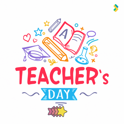 Bold red bubble letters spell the word ‘TEACHER’s’ near the bottom half of the gif. Centered below it in a small light blue banner is the word ‘DAY’ in the same font and white. A light purple squiggly line is on either side of the banner. Two small horizontal lines are below the banner. Above the words are line drawings of school supplies, such as a gold pencil, blue beaker, purple graduation hat, and lots of stars. A yellow five-pointed star appears below the banner. As it slides left to right more stars appear behind it revealing a gradient to red. Once the yellow star gets to the other side of the banner all the stars disappear.