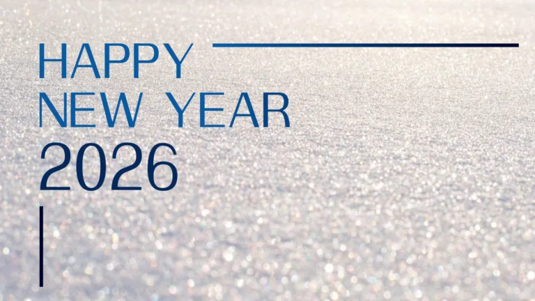 A close-up photo of fresh, white, snow sparkling in the sunlight. Left aligned and stacked near the top left corner are three lines of words. At the top is Happy in bright blue, then NEW YEAR in bright blue to darker blue gradient letters. Lastly, 2026 in large navy numbers. A thin, all-caps serif font was used. A thin horizontal line stretches across the top starting near the Y in happy and ends at the right edge. The line is a blue to navy gradient. A small, thin vertical line is below the first 2 in 2026 and stretches to the bottom edge.