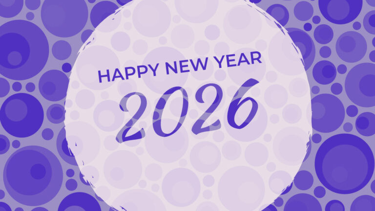 The background is filled with various sized and overlapped circles in shades of purple. A large, transparent, white circle is centered on top of everything. Inside the white circle is a titled message. On top is the words ‘HAPPY NEW YEAR’ using a purple, sans font. Below in large, italic numbers is the year 2026. The numbers appear to be cut out of the transparent circle and show the background.