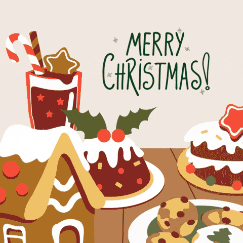 A clipart tabletop scene of christmas pudding, cake, chookes, shake, and a gingerbread house. All the food is slightly moving on its own. Above the table and food are the words, “Merry Christmas!” in thin, dark green handwriting. The wall/background is a light pink-beige color.