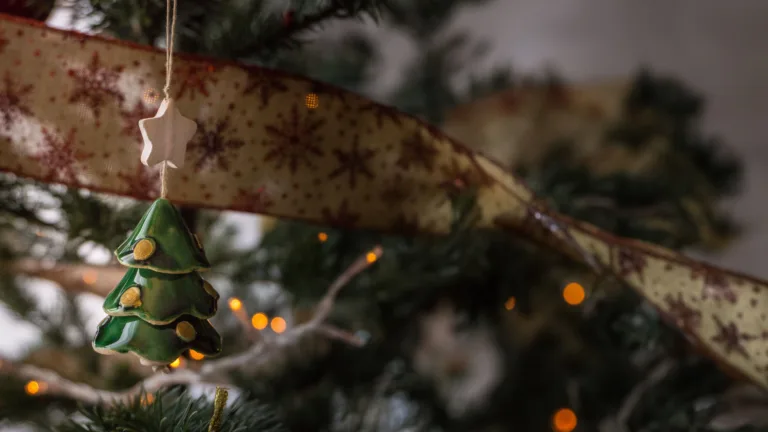 A close-up photo inside a christmas tree where most of its branches are out of focus. A beige ribbon with red snowflakes and edges crosses from the top left corner to the bottom right corner. A ceramic Christmas tree ornament hangs near the left edge.