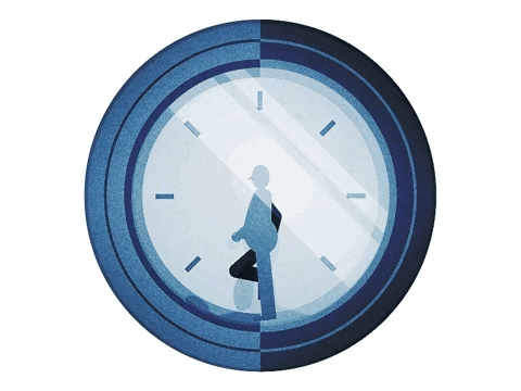 A white background with a navy blue circle clock in the center. Inside the white clock face is a blue silhouette of a person running. The person runs all the way around the circle clockwise.