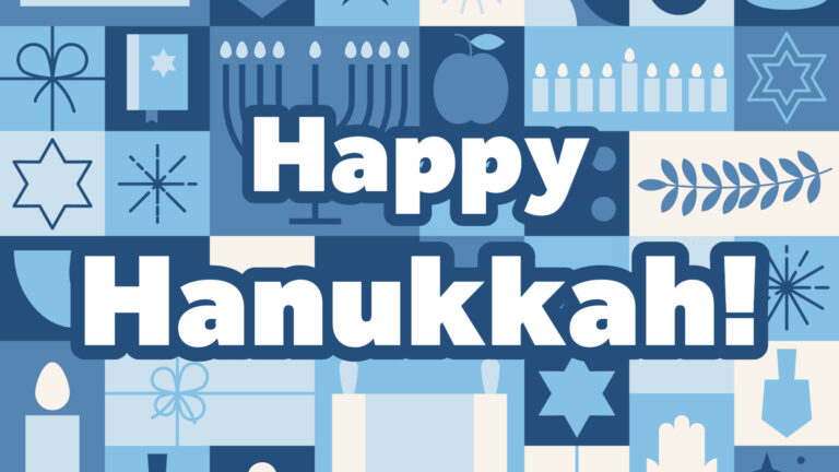 Happy Hanukkah! is stacked centered on the graphic. A bold white sans font was used with a thick dark blue outline. The background is filled with boxes alternating between off-white, light blue, bright blue, dusty blue, and dark blue. Inside each box is an item, such as a dreidel, candles, bow, menorah, Star of David, or fruit.