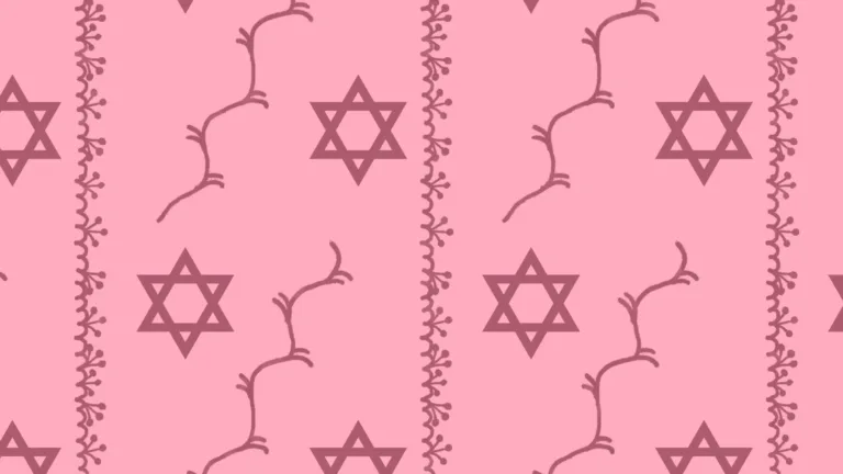 A light pink background with dark pink details over top it. There are three vertical lines spaced out. The lines are scalloped and have three stemmed branches with dots on their end between each arch. Large Stars of David are scattered around. Thin zig zag lines are also scattered.