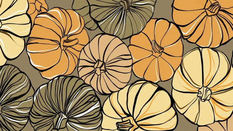 AI black line drawings of pumpkins fill the graphic. The pumpkins are colored in orange, light, pale yellow, and brown. The brown and orange pumpkins have white a few white detail lines. The yellow pumpkins have orange detail lines. The background is brown.