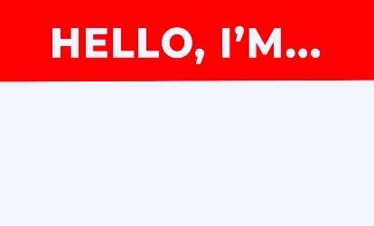 The gif appears to be a drawing of a basic nametag sticker. The top 3rd is red and says, ‘HELLO, I’M…’ in bold, white, sans letters. The bottom 3rd is white and in red script letters, ‘Supporting small businesses’ appears.